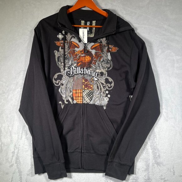 Billabong Hoodie Mens Large Black Zip Up Sweatshirt Gothic Tattoo Graphic Eagle - Picture 1 of 14